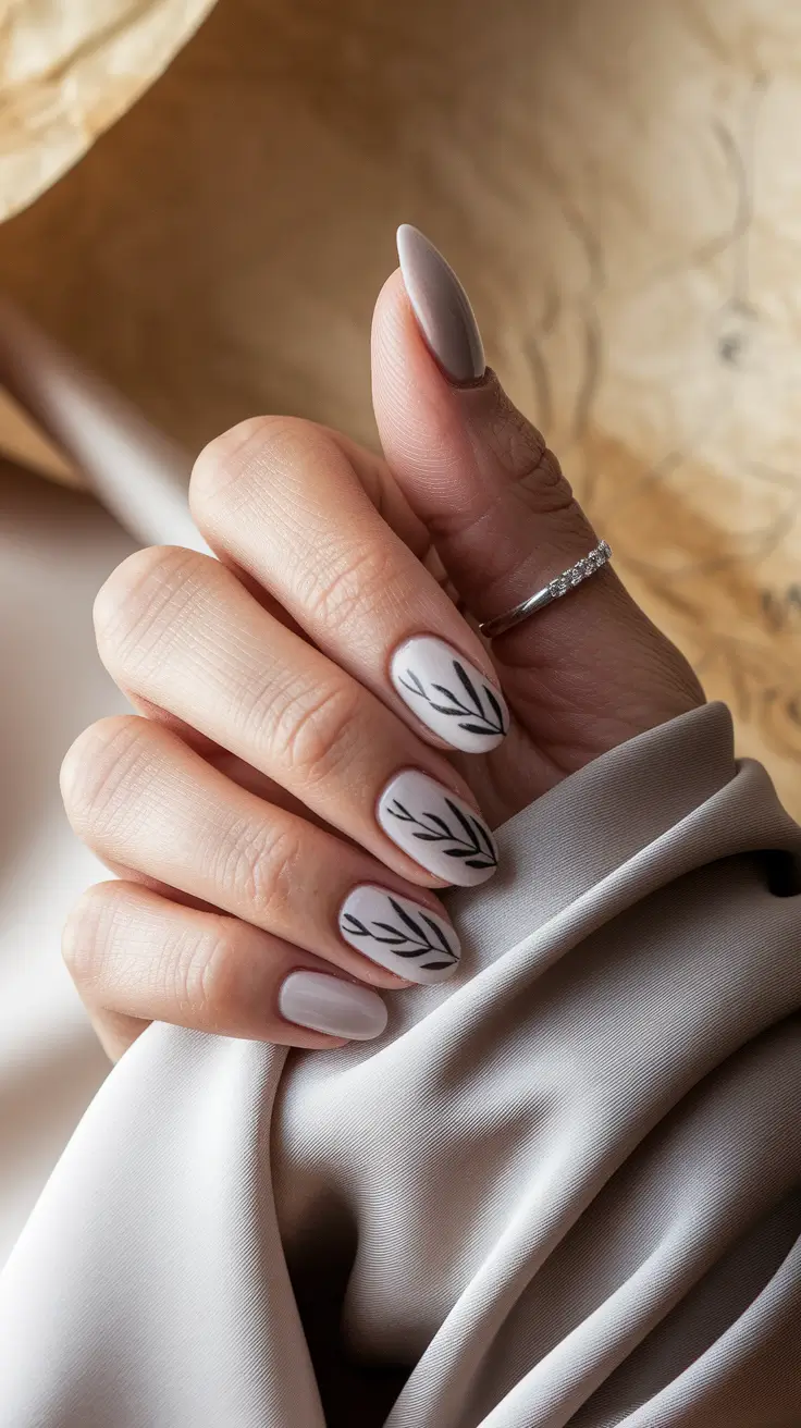 simple fall nails autumn Muted Taupe with Black Leaf Art