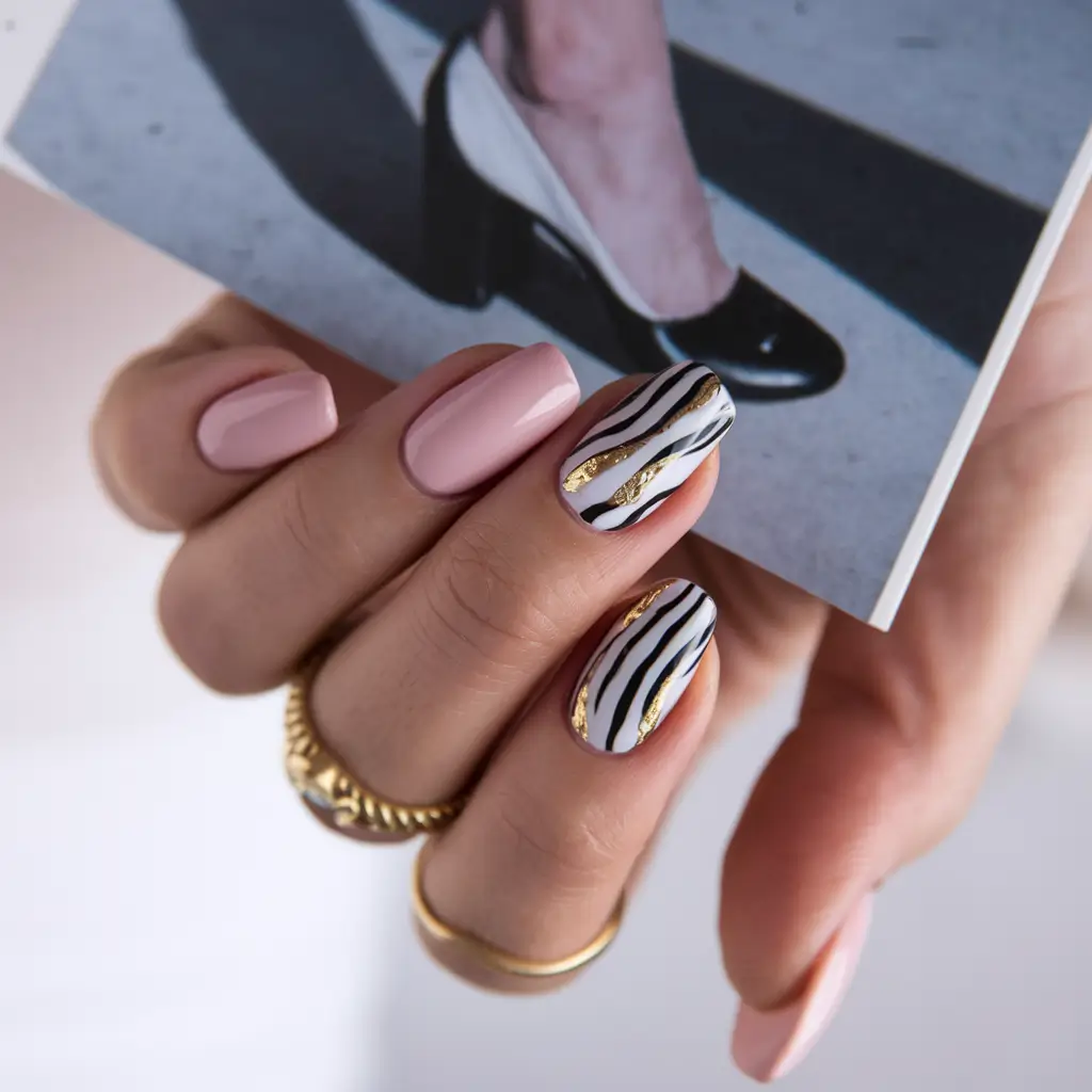 simple fall nails autumn Blush Pink with Zebra and Gold Stripes