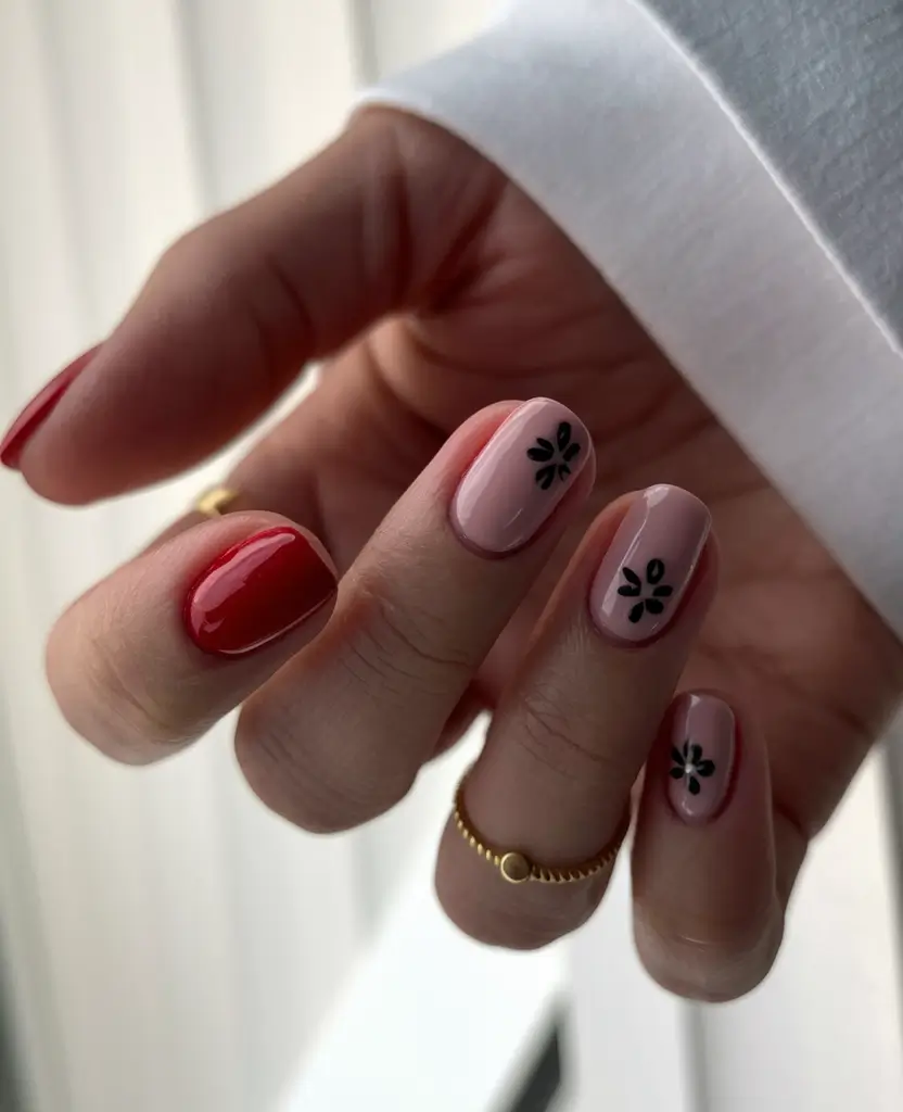 simple fall nails autumn Red and Nude with Minimal Black Florals