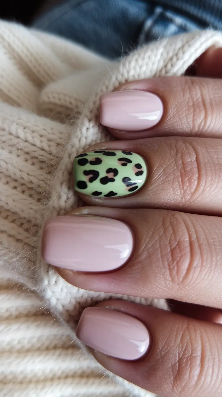 simple fall nails autumn Pastel Nude with Green Leopard Accent
