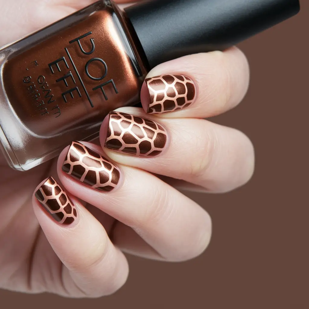 simple fall nails autumn Metallic Brown with Giraffe Print