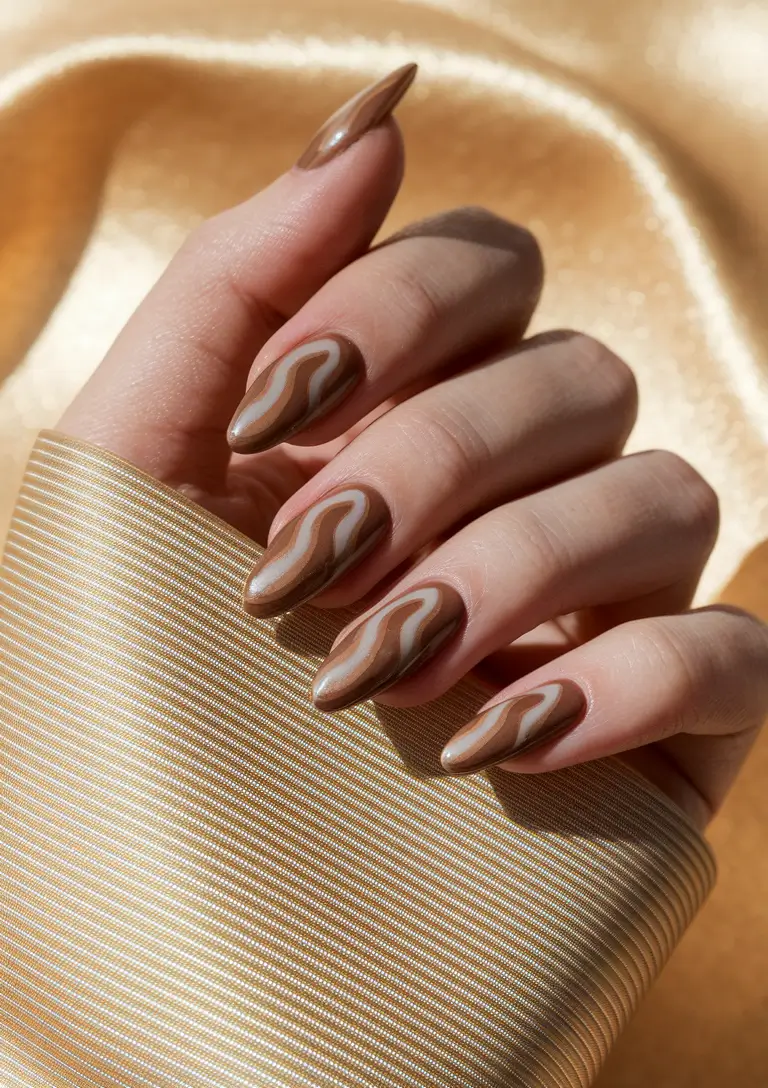 simple fall nails autumn Caramel Swirls on Almond Brown