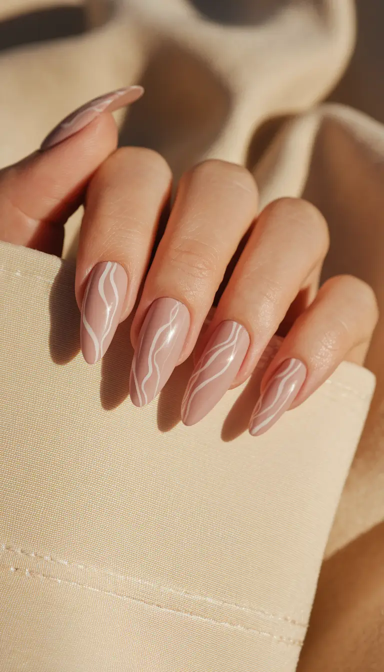 simple fall nails autumn Soft Nude with White Wave Lines