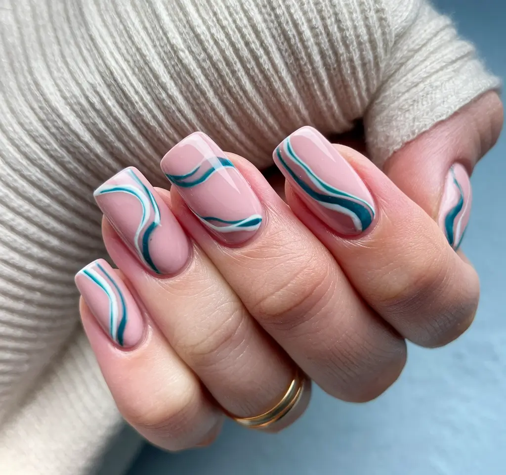 simple fall nails autumn Teal Waves on Square Nude Base