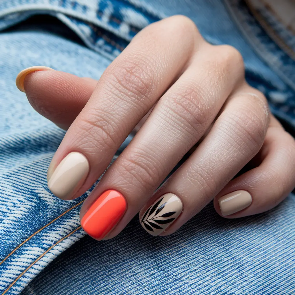 simple fall nails autumn Beige and Orange with Black Leaf Accent