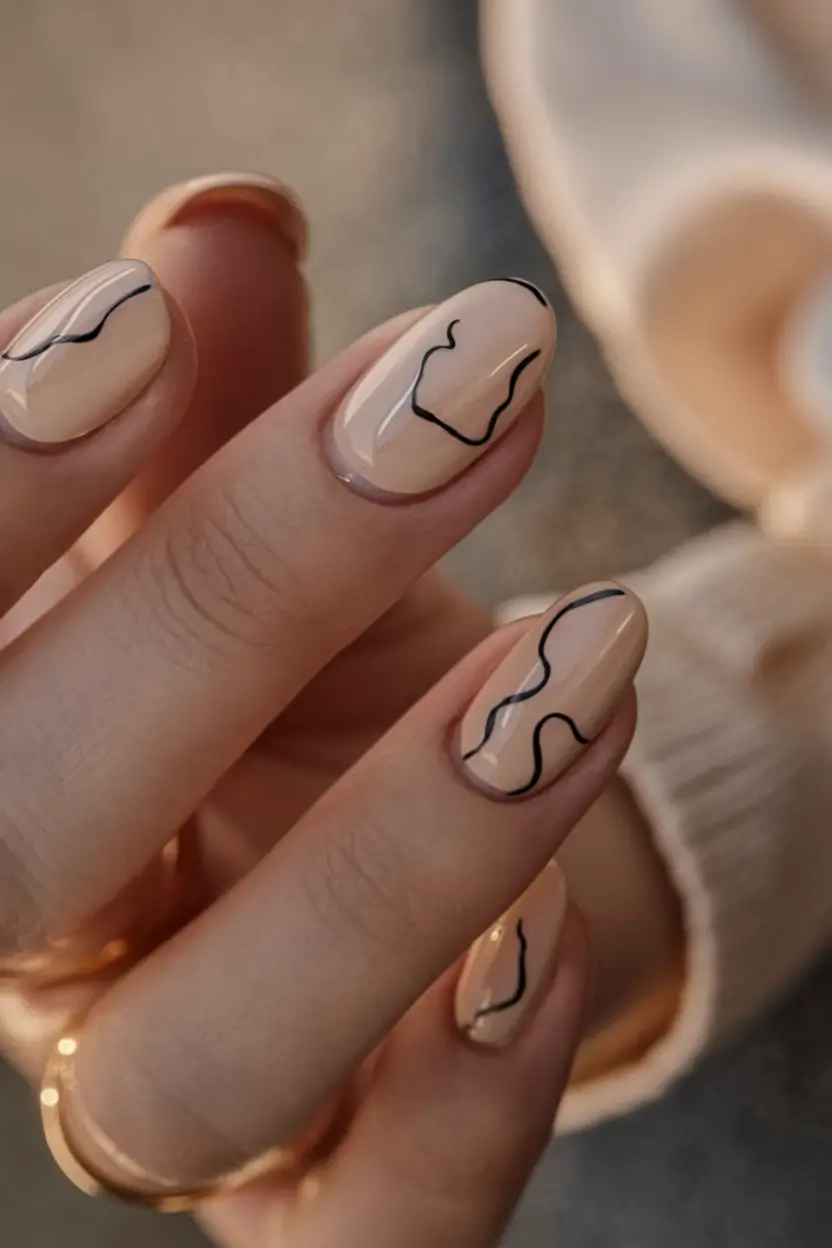 simple fall nails autumn Minimal Black Lines on Nude