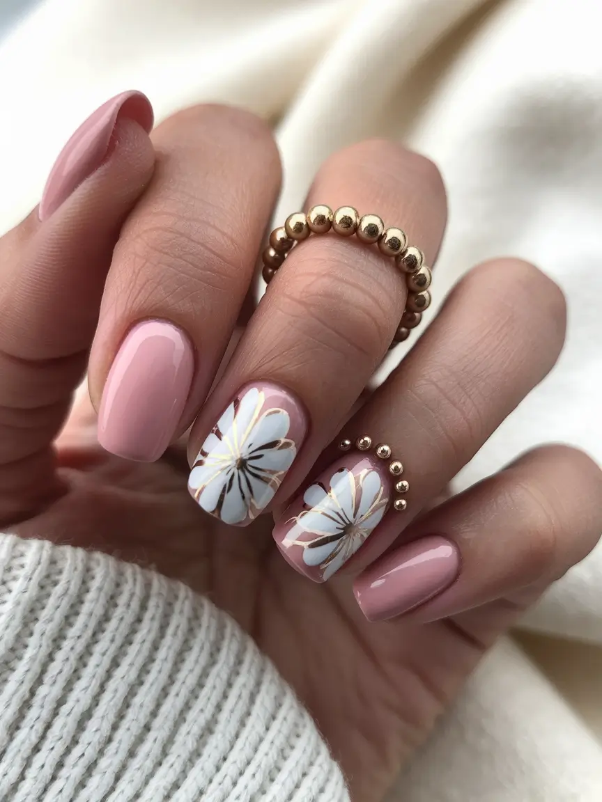 simple fall nails autumn Blush Pink with Oversized Daisy Art
