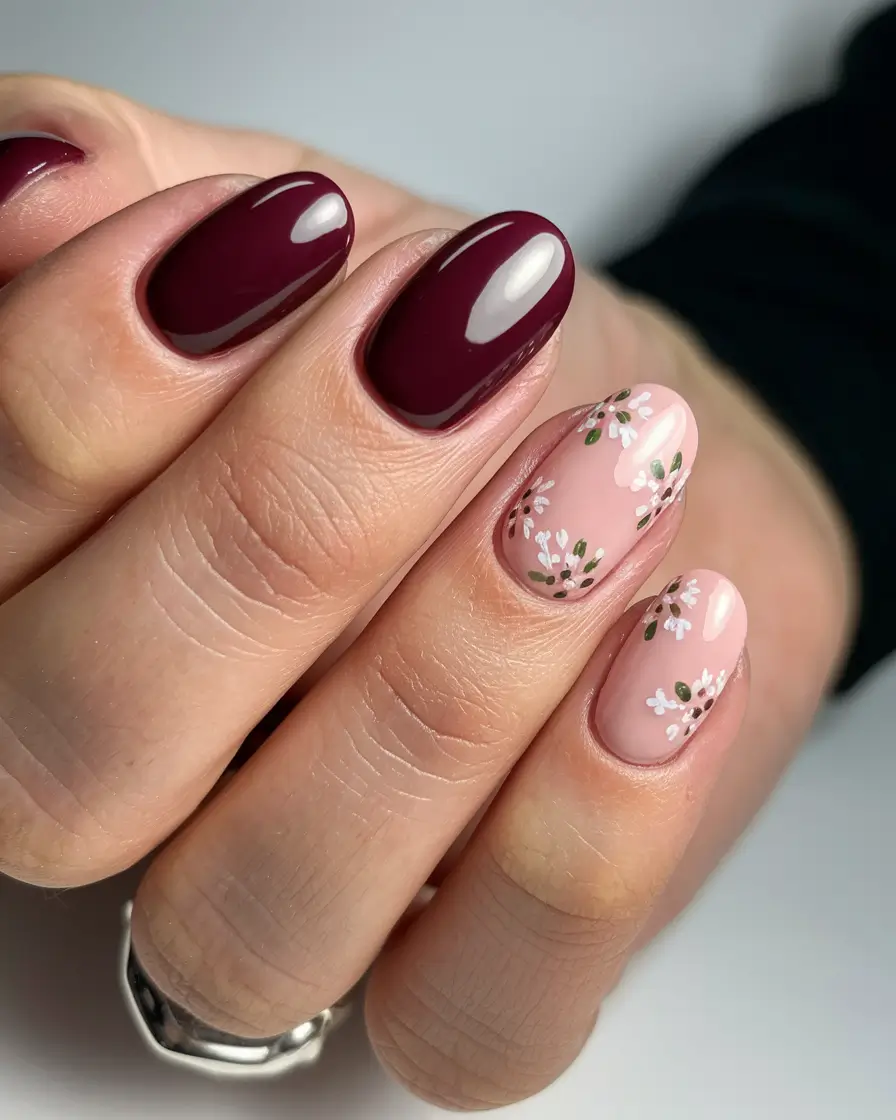 simple fall nails autumn burgundy Deep Burgundy with Delicate Floral Accents