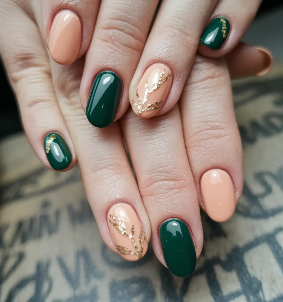 simple fall nails autumn Emerald Green and Peach with Golden Leaves