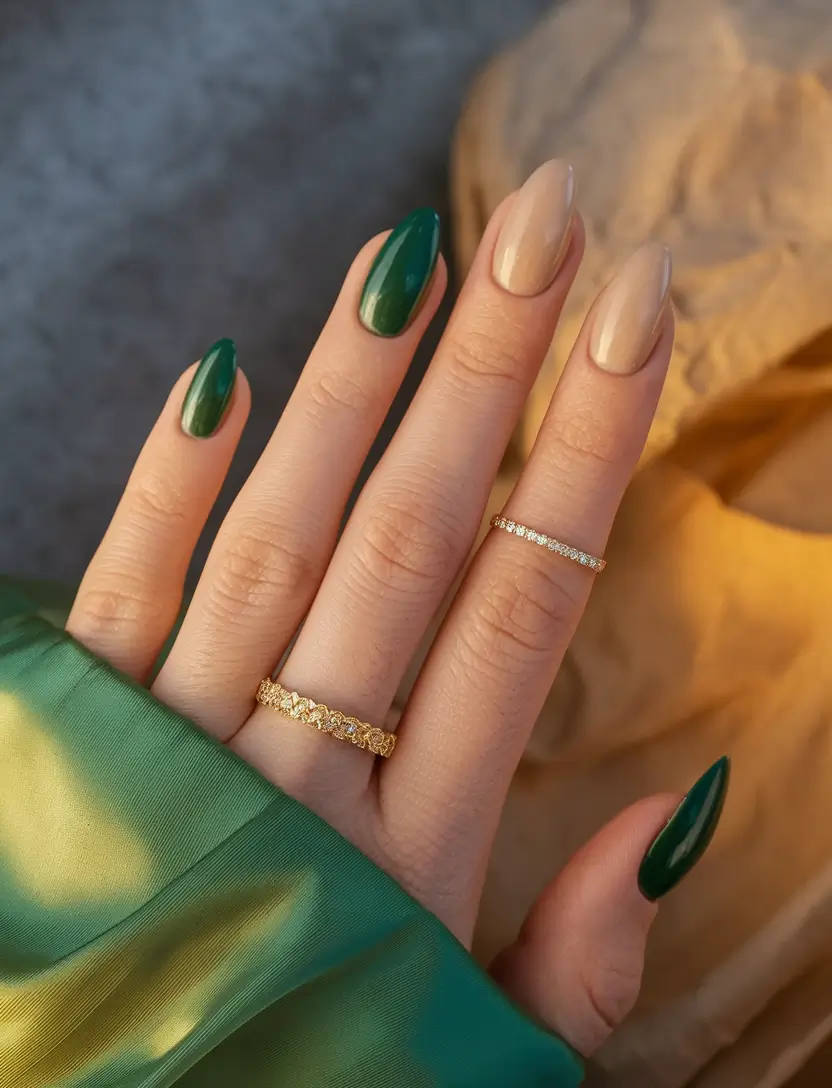 simple fall nails autumn Green and Nude Almond Elegance