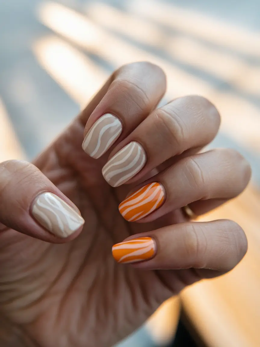 simple fall nails autumn Warm Neutrals with Orange Waves