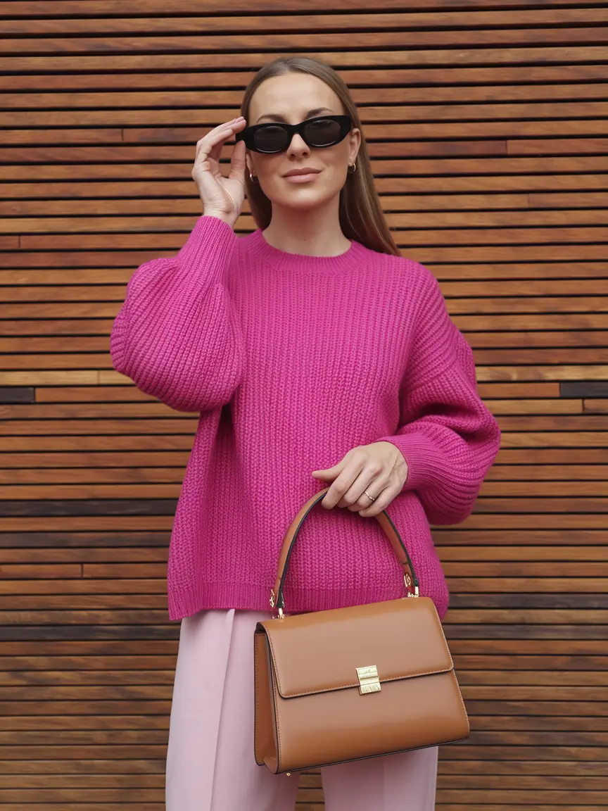 fall sweater outfits 2025 Pop of Fuchsia in a World of Beige
