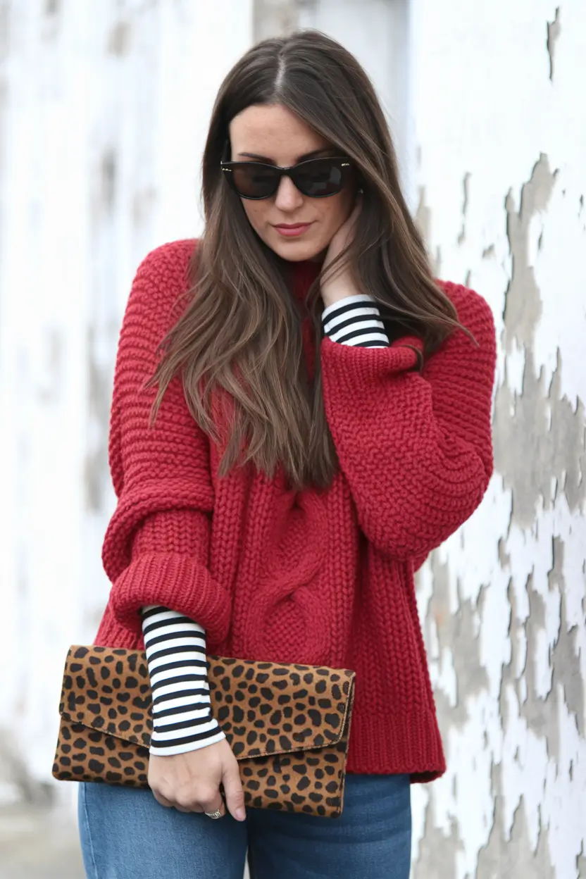 fall sweater outfits 2025 Stripes, Texture, and a Dash of Leopard