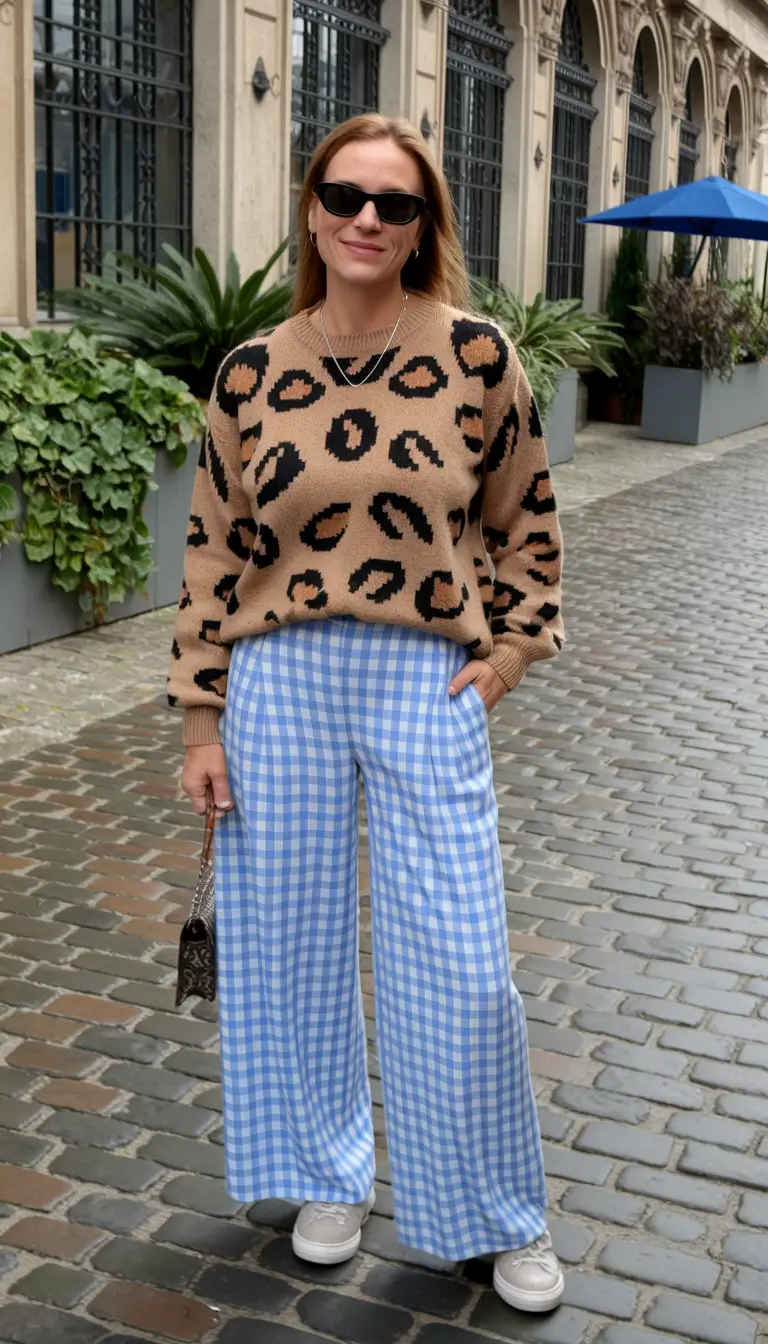 fall sweater outfits 2025 Power Clash: Leopard Meets Picnic Check