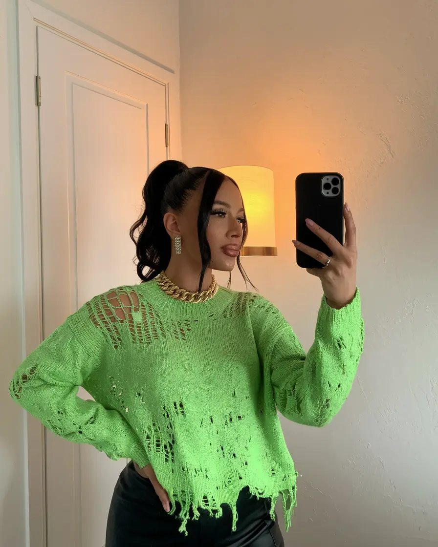 fall sweater outfits 2025 Distressed Lime and Leather Energy