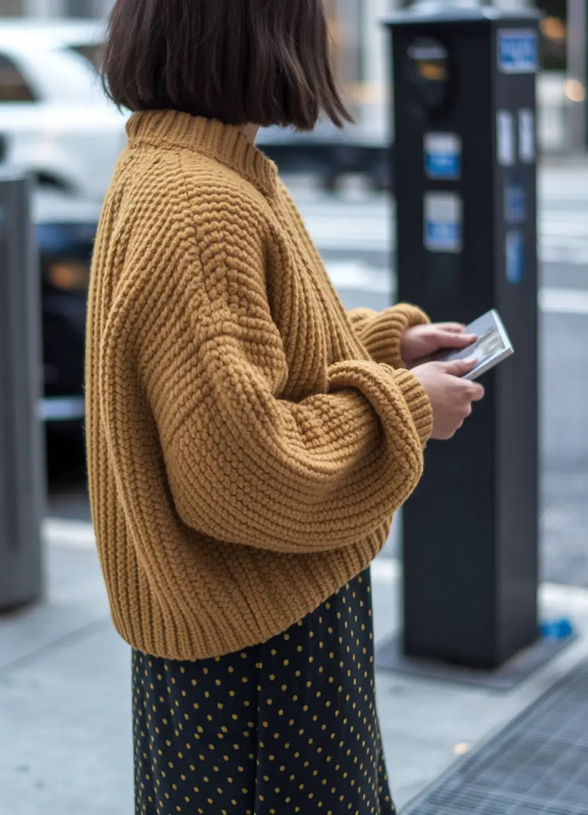 fall sweater outfits 2025 Golden Mustard & Subtle Polka Dots