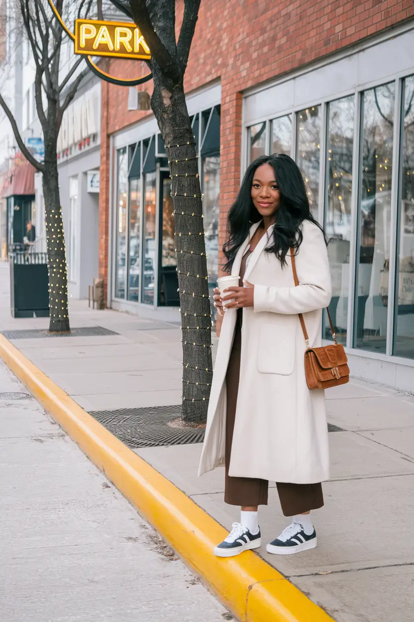 fall outfits for black women over 50 Classic Cream Coat & Coffee Energy