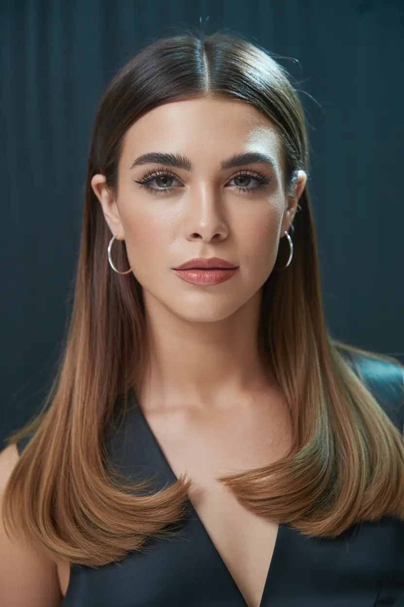 Brunette Hair Color Ideas Winter 2025-2026 Glossy Long Brunette with Sleek Finish