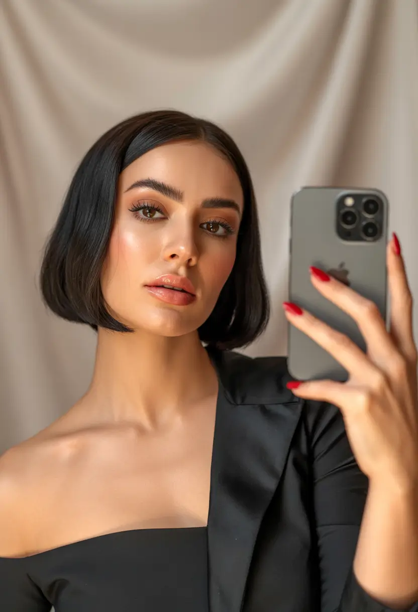 Brunette Hair Color Ideas Winter 2025-2026 Sharp Jet-Dark Bob with Glossy Finish
