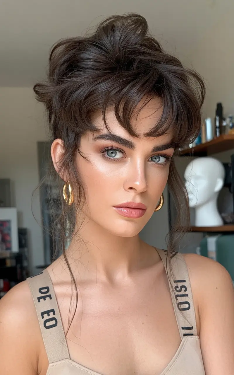 Brunette Hair Color Ideas Winter 2025-2026 Messy Brunette Updo with Face-Framing Bangs