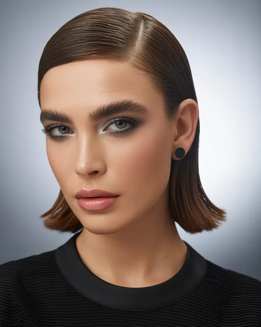 Brunette Hair Color Ideas Winter 2025-2026 Slicked-Back Brunette Bob