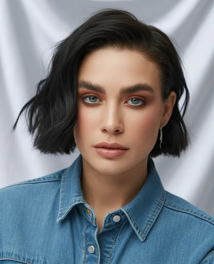 Brunette Hair Color Ideas Winter 2025-2026 Textured Jet-Black Bob with Side Part