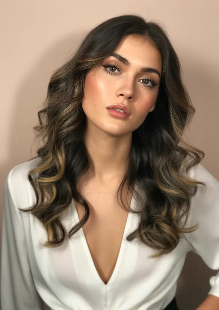 Brunette Hair Color Ideas Winter 2025-2026 Long Brunette Curls with Caramel Balayage