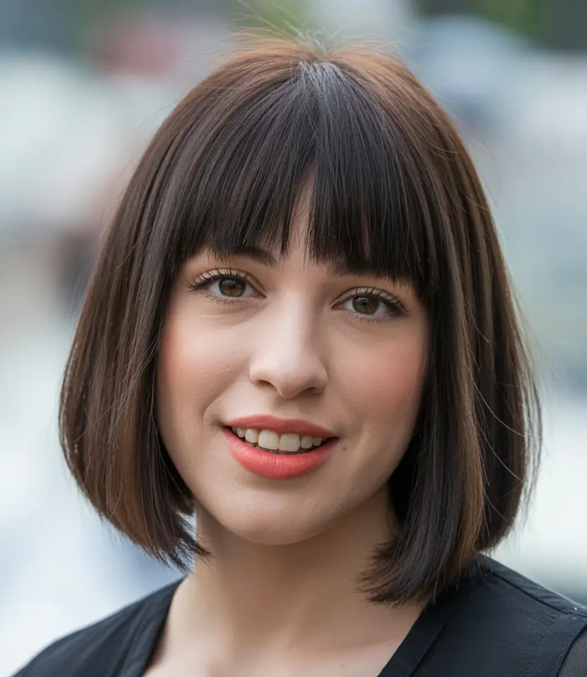 Brunette Hair Color Ideas Winter 2025-2026 Playful Brunette Bob with Bangs