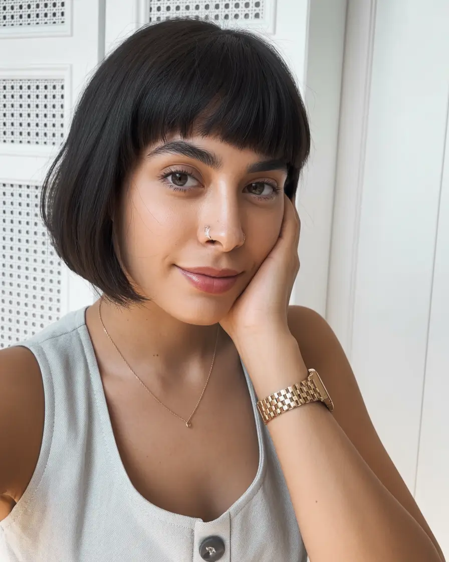 Brunette Hair Color Ideas Winter 2025-2026 Soft Bob with Micro Bangs
