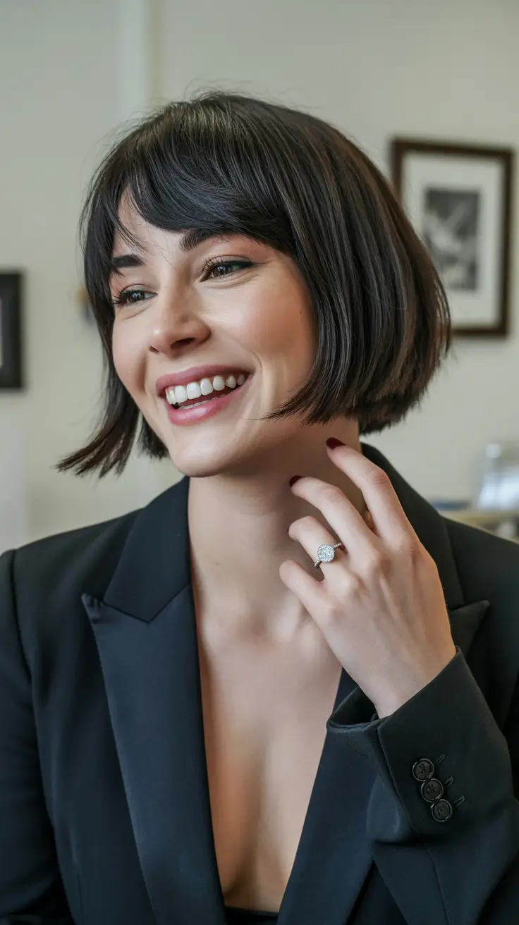 Brunette Hair Color Ideas Winter 2025-2026 Playful Short Bob with Volume and Bangs