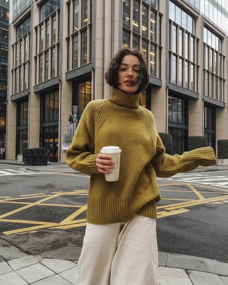 casual winter outfits Golden Knit and Wide-Leg Ease