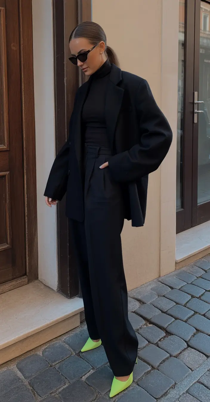 casual winter outfits Monochrome Power with Neon Energy