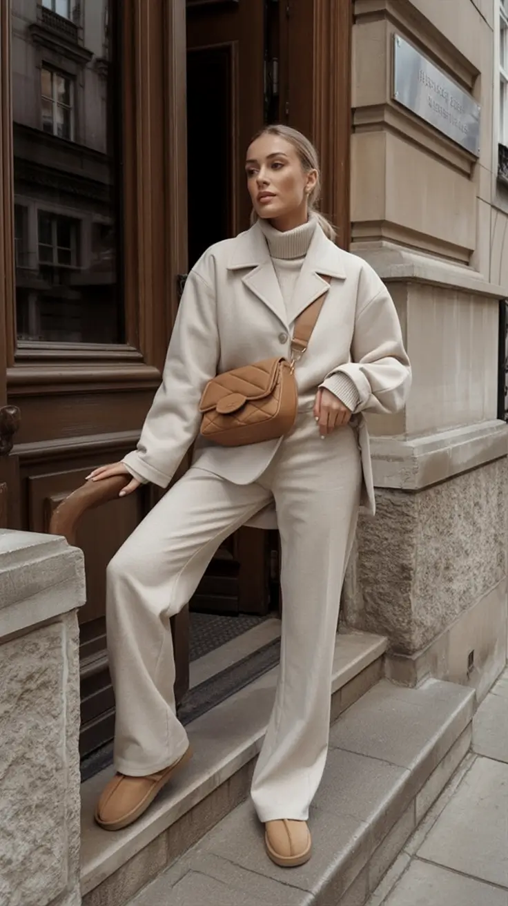 casual winter outfits Cream Tones and Quilted Comfort