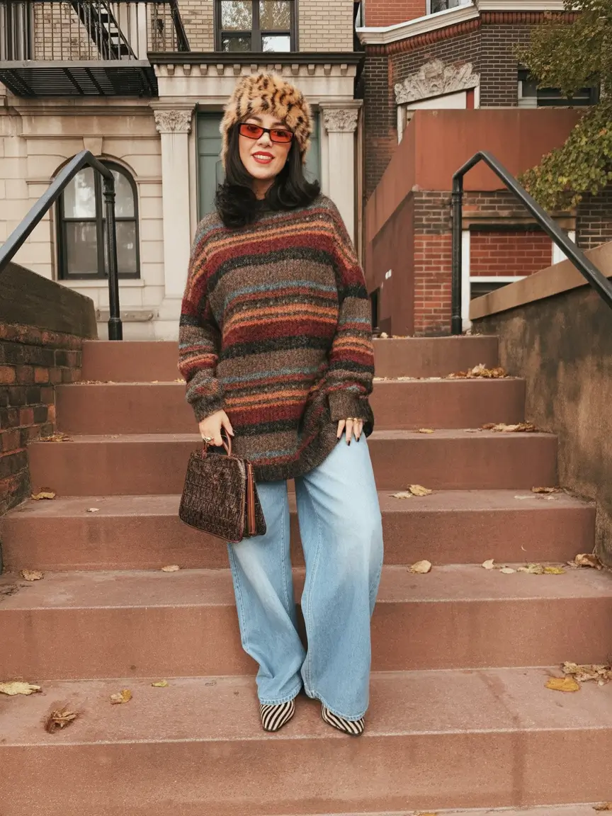 casual winter outfits Striped Knit and Retro Warmth