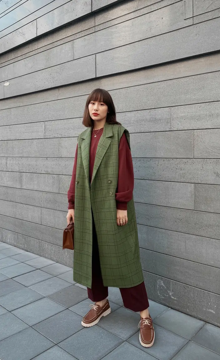 casual winter outfits Layered Burgundy with a Touch of Green