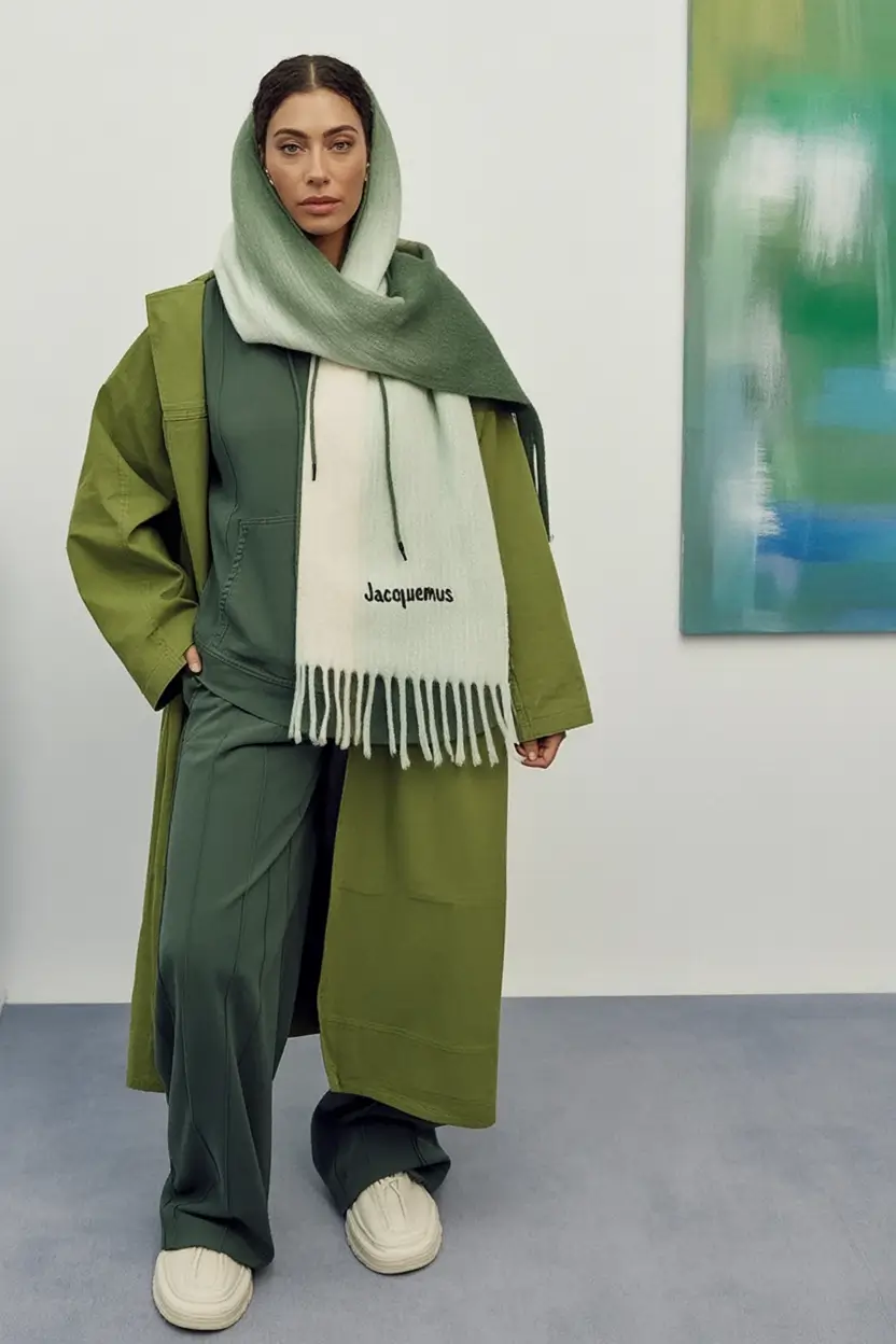 casual winter outfits Oversized Green with Statement Scarf