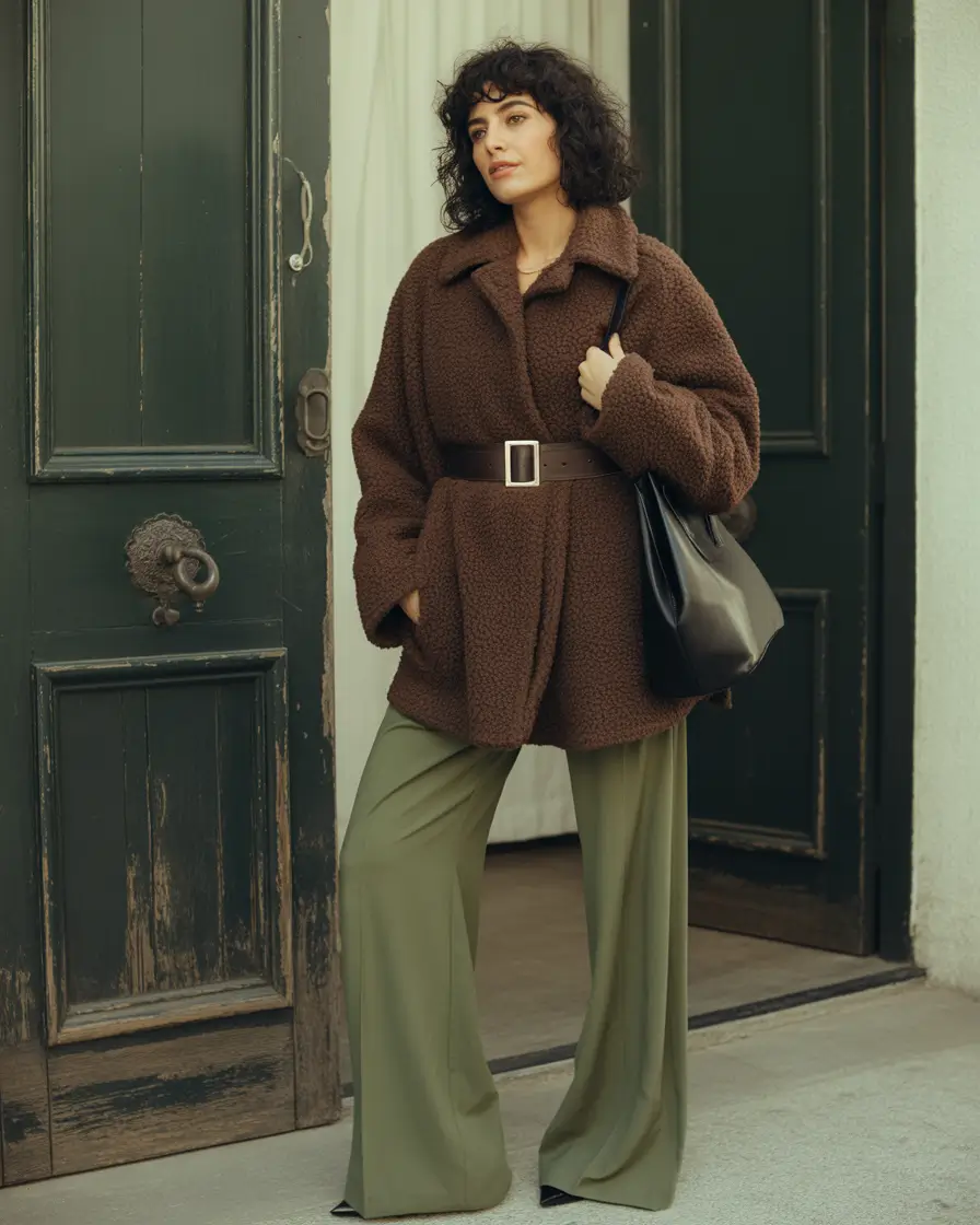 casual winter outfits Teddy Texture with Belted Shape