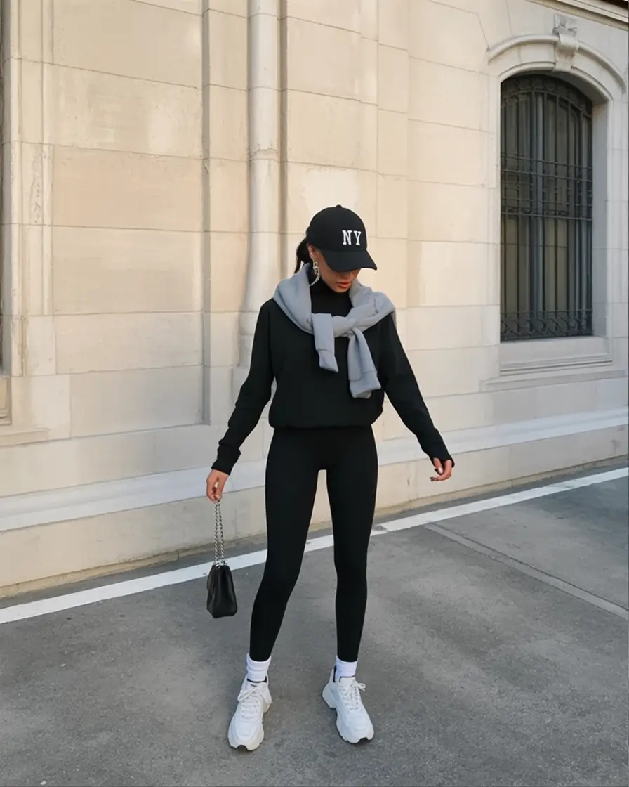 casual winter outfits Sporty Chic in All-Black Leggings