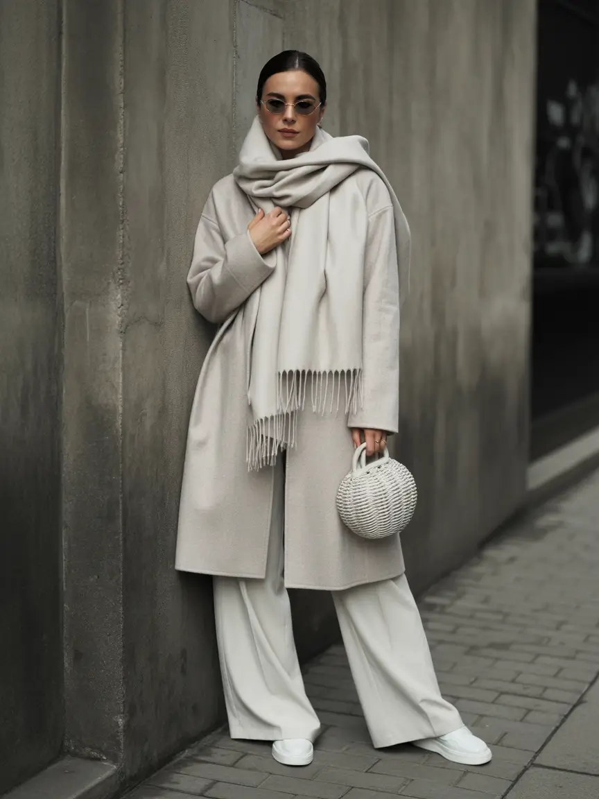casual winter outfits Soft Neutrals in Oversized Layers