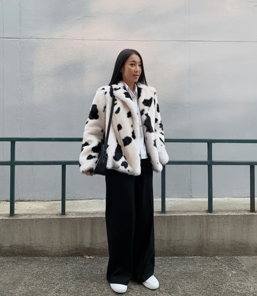 casual winter outfits Playful Faux Fur with Graphic Flair