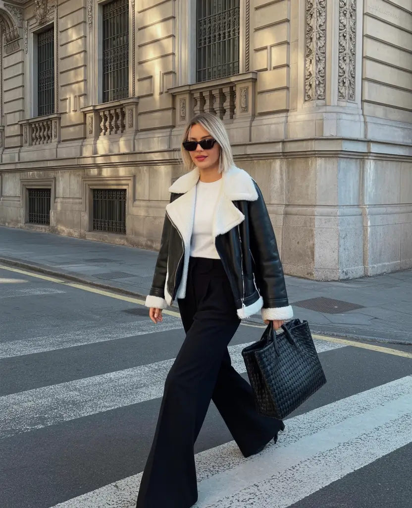 casual winter outfits Shearling-Trimmed Leather Elegance