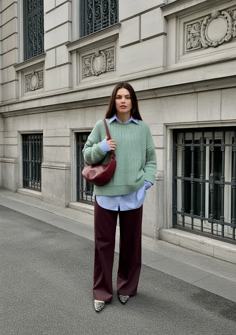 casual winter outfits Mint Freshness with Burgundy Depth