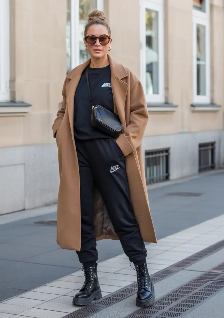 early winter outfits work Sporty Chic in Camel and Black