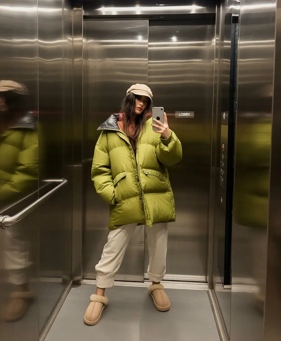 early winter outfits 2025 Chartreuse Puffer with Cozy Layers