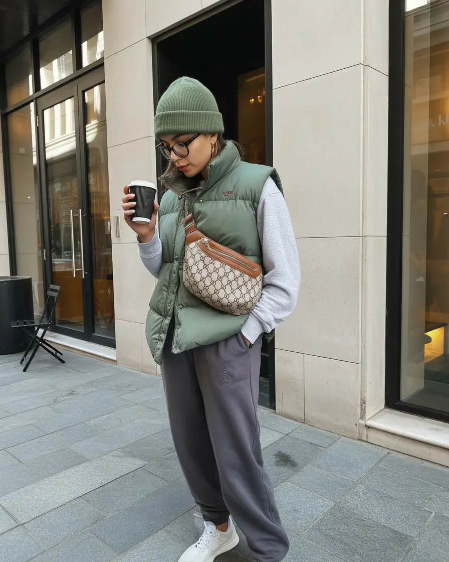 early winter outfits casual Street-Smart Green Vest Style