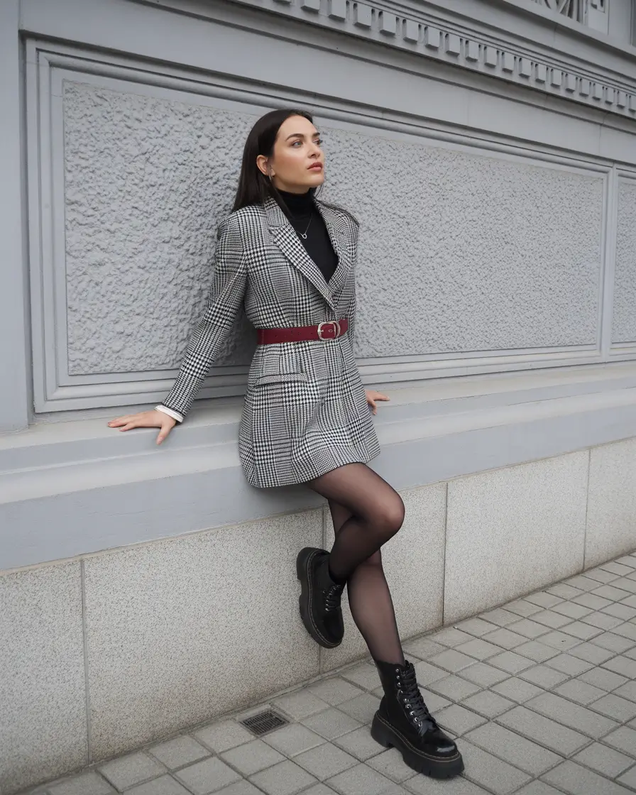 early winter outfits work Sharp Check Blazer Dress