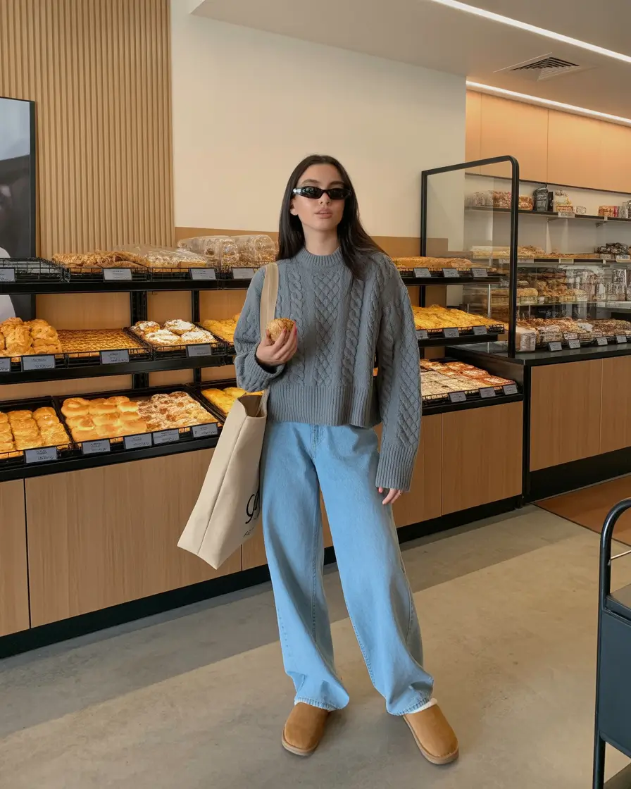 comfy winter outfits casual Muted Knits and Everyday Denim