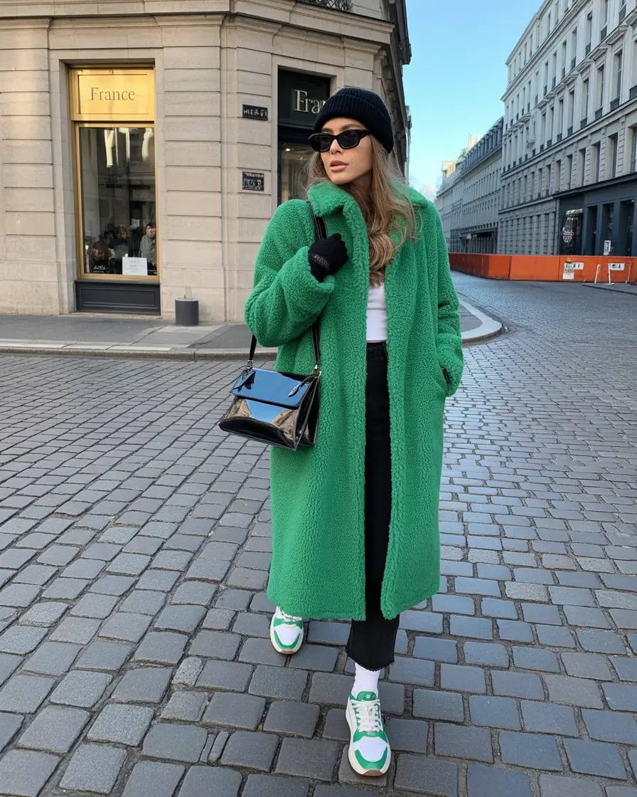 comfy winter outfits 2025 Bold Green Statement Coat