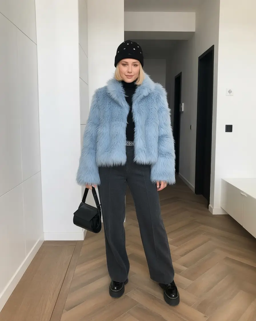comfy winter outfits aesthetic Powder Blue Faux Fur Moment