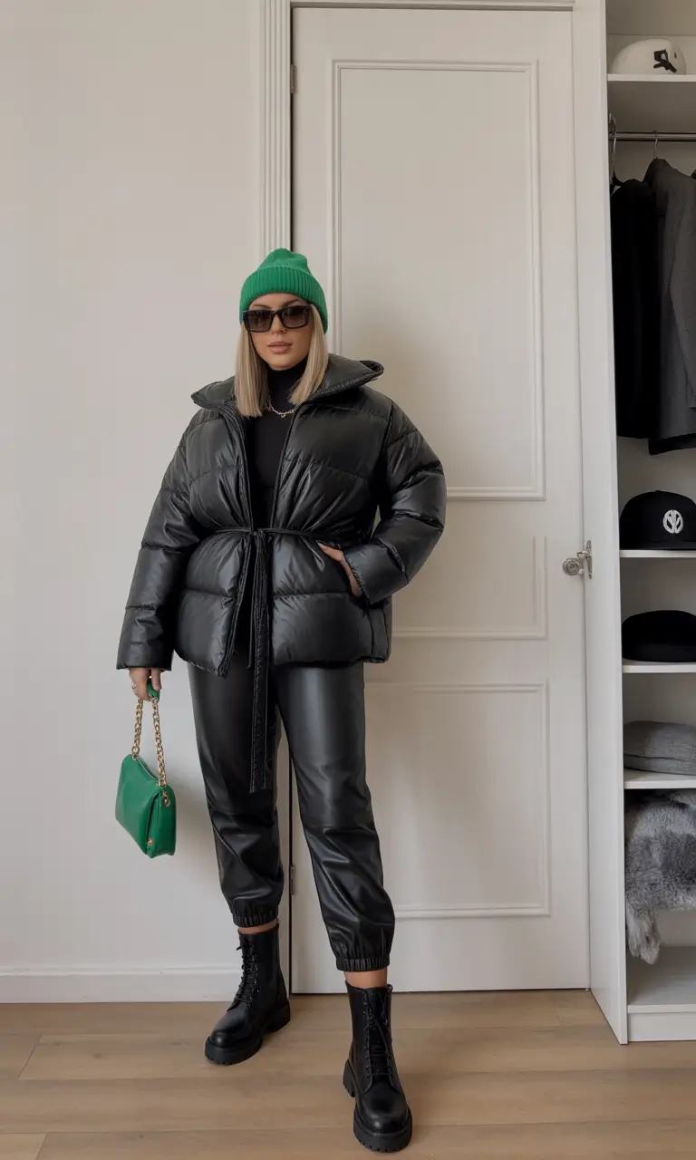 comfy winter outfits for women Edgy Black and Green Contrast